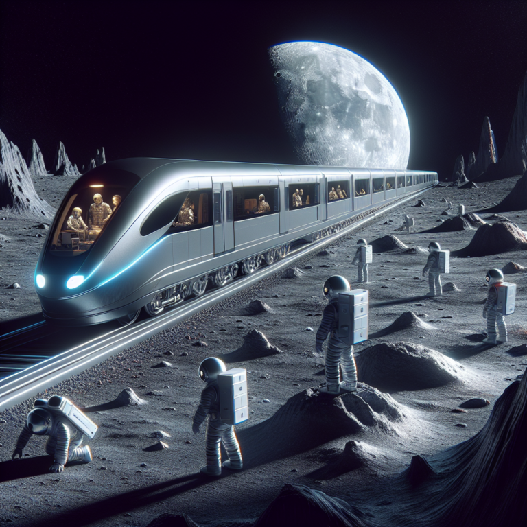 A photography for children of a futuristic magnetic levitation train floating above the lunar surface with astronauts working nearby.