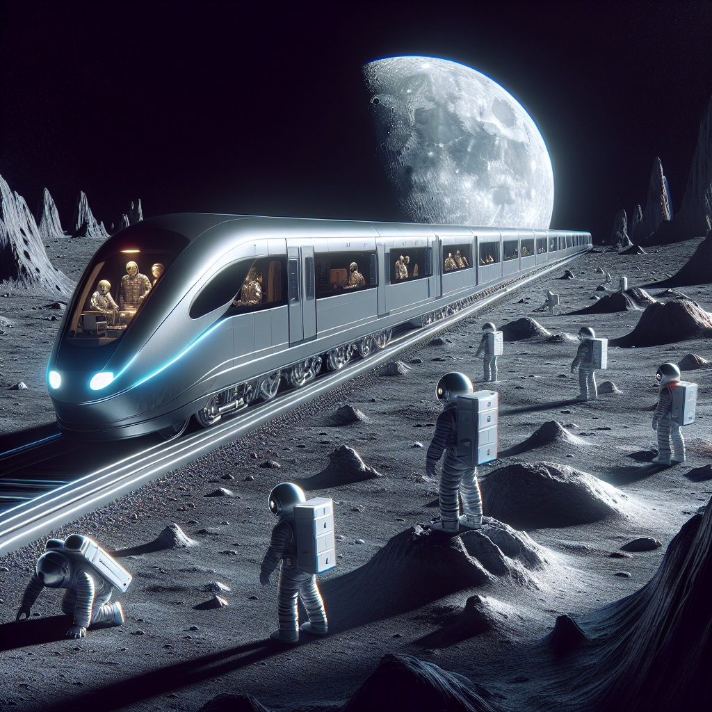 A photography for children of a futuristic magnetic levitation train floating above the lunar surface with astronauts working nearby.