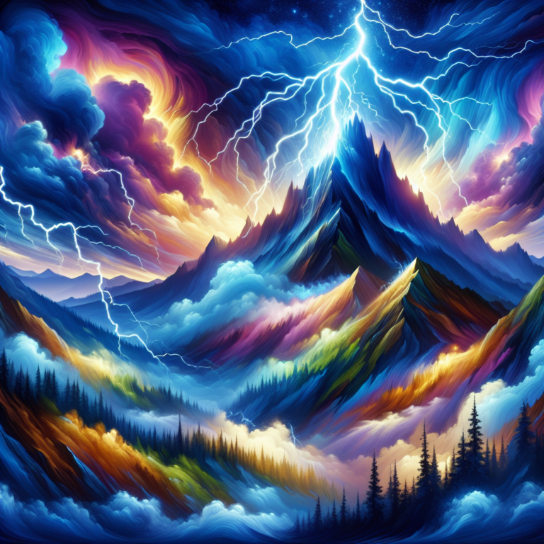 A photography for children of a mesmerizing lightning bolt striking a mountain peak during a storm.