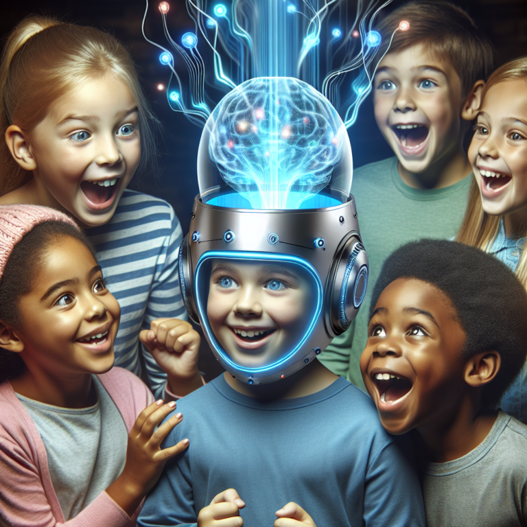 A photography for children of a futuristic helmet with sensors that can read thoughts, with kids excitedly interacting with it.