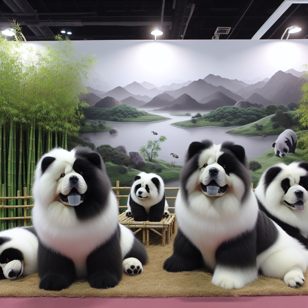 A photography for children of two chow-chow dogs with fur dyed to look like black and white pandas in a zoo.