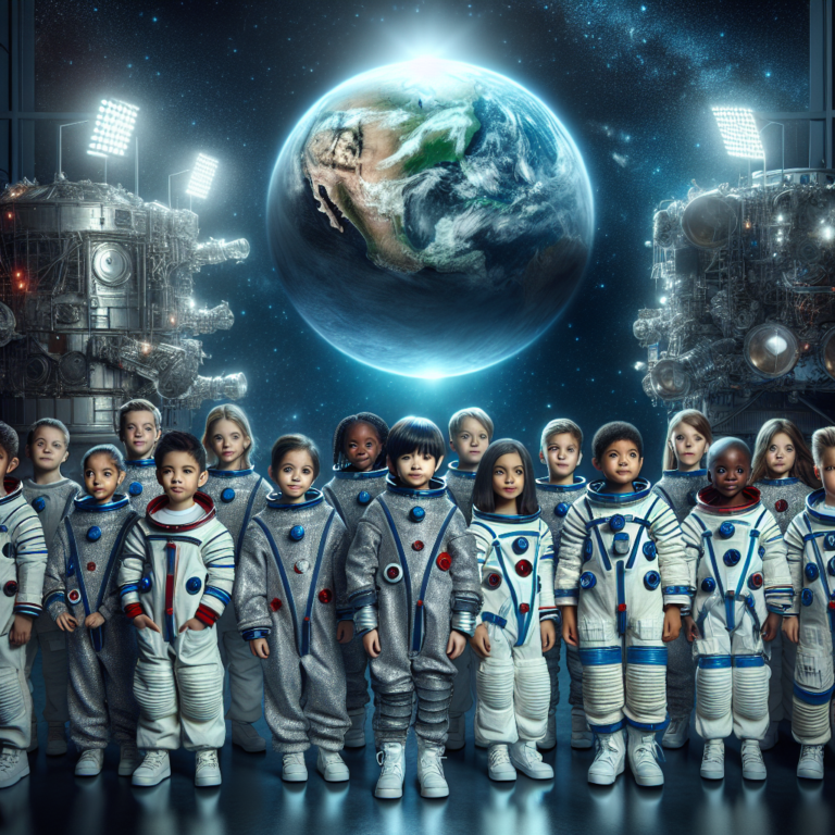 “A photography for children of a diverse group of astronauts, including both men and women, in their space suits, standing together in front of a spacecraft with stars and the Earth in the background.”