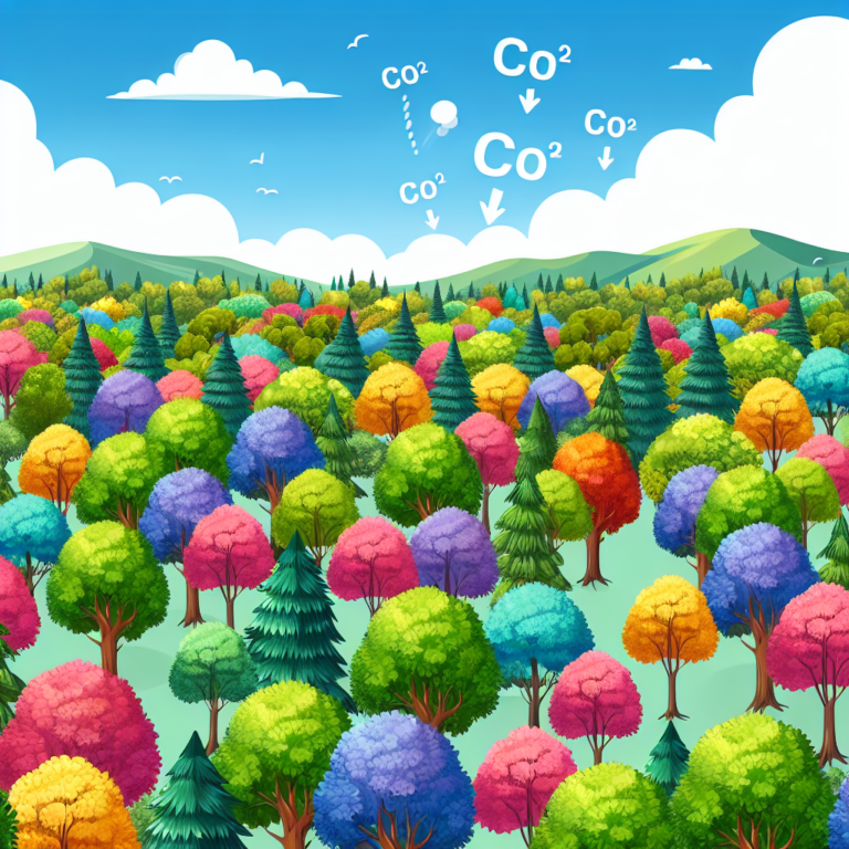 "A photography for children of a lush forest with many colorful trees and a clear sky, showing the importance of nature in absorbing CO2."