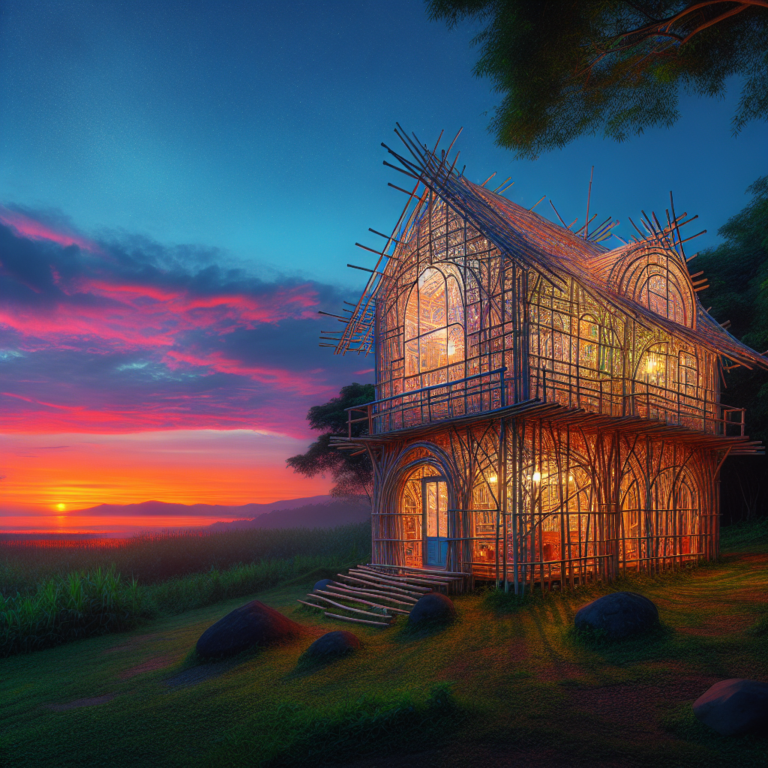 A photography for children of a transparent bamboo house with a colorful sunset in the background.