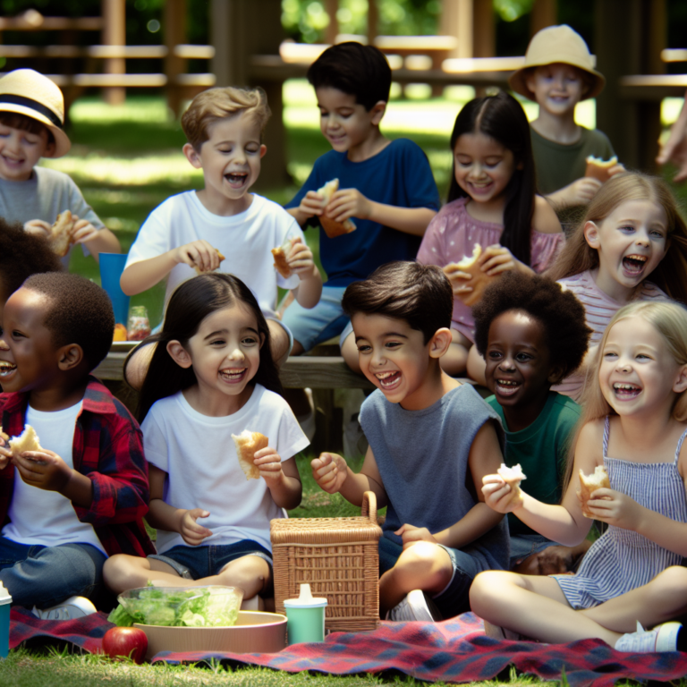 A photography for children of a diverse group of kids happily enjoying a picnic, with some of them carefully avoiding certain foods due to allergies.