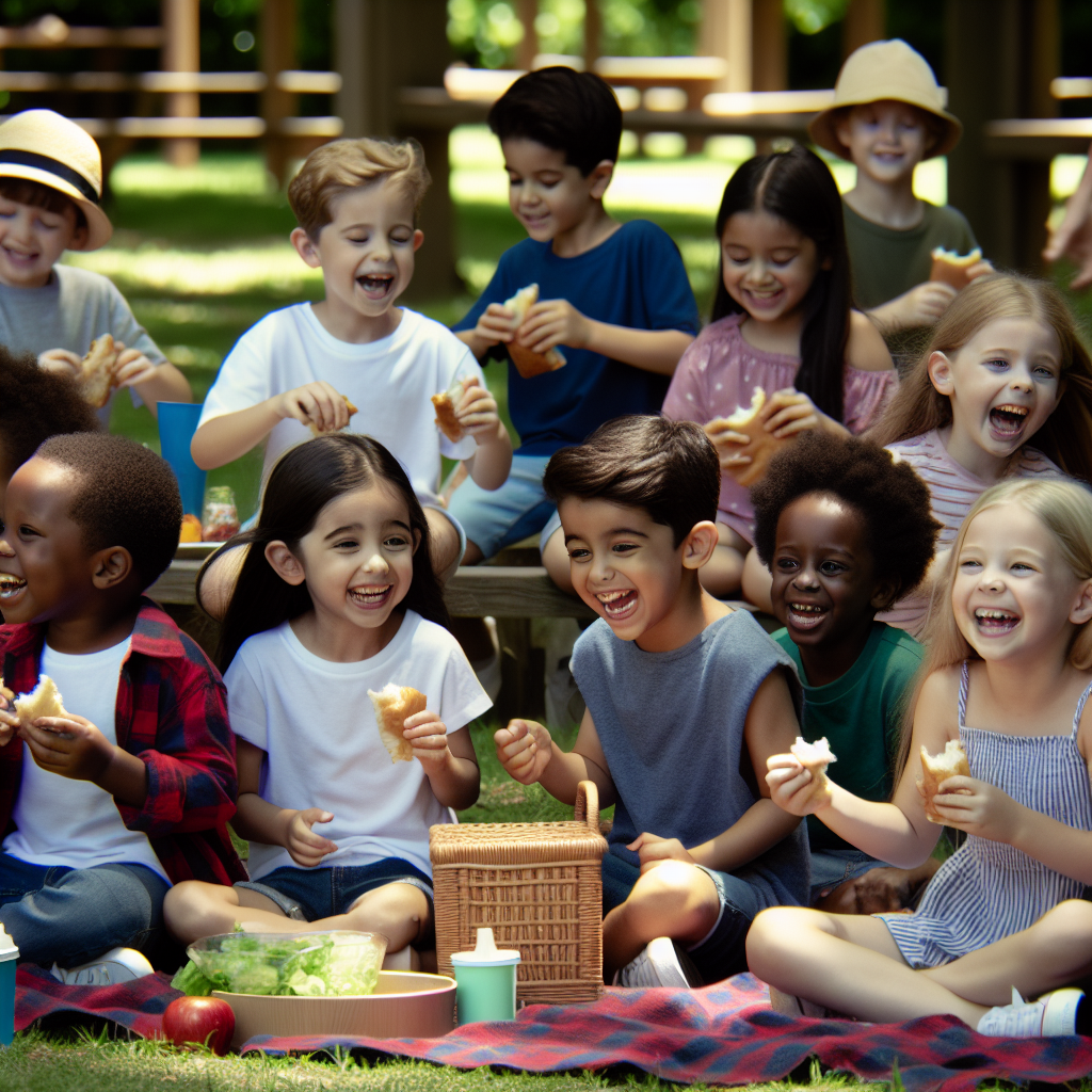 A photography for children of a diverse group of kids happily enjoying a picnic, with some of them carefully avoiding certain foods due to allergies.