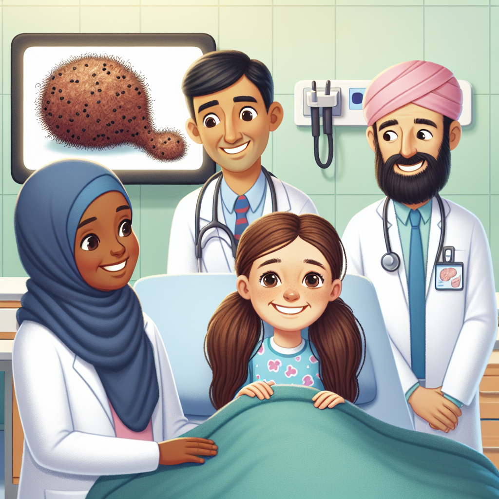 Sure! Here's the prompt for DALL-E: "A photography for children of a young girl in a hospital bed, smiling with a doctor and nurse by her side, showing images of a large hairball (trichobezoar) on a screen."