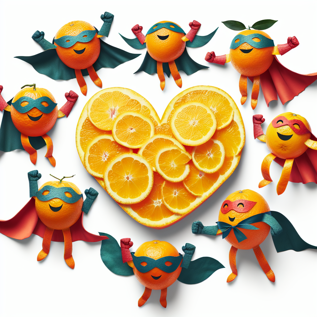 a photography for children of orange peels as superhero characters with capes and masks, flying around a happy cartoon heart.