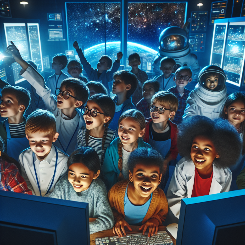 A photography for children of a group of enthusiastic scientists with powerful computers decoding an alien message under a starry night sky.