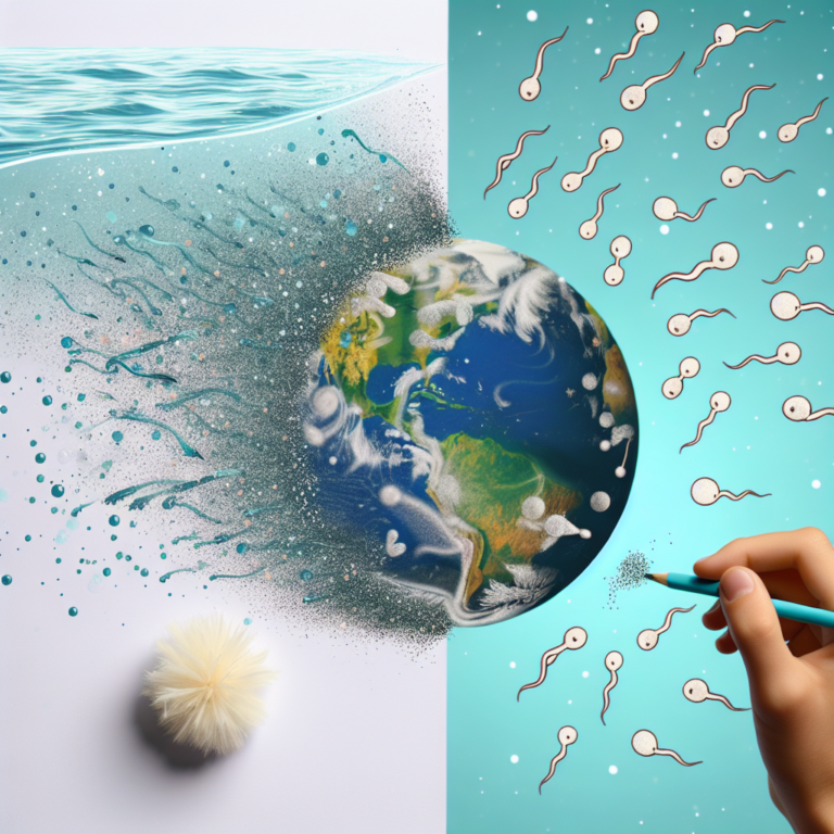 a photography for children of microplastics affecting human sperm mobility with a background showing polluted ocean and a healthy planet in contrast