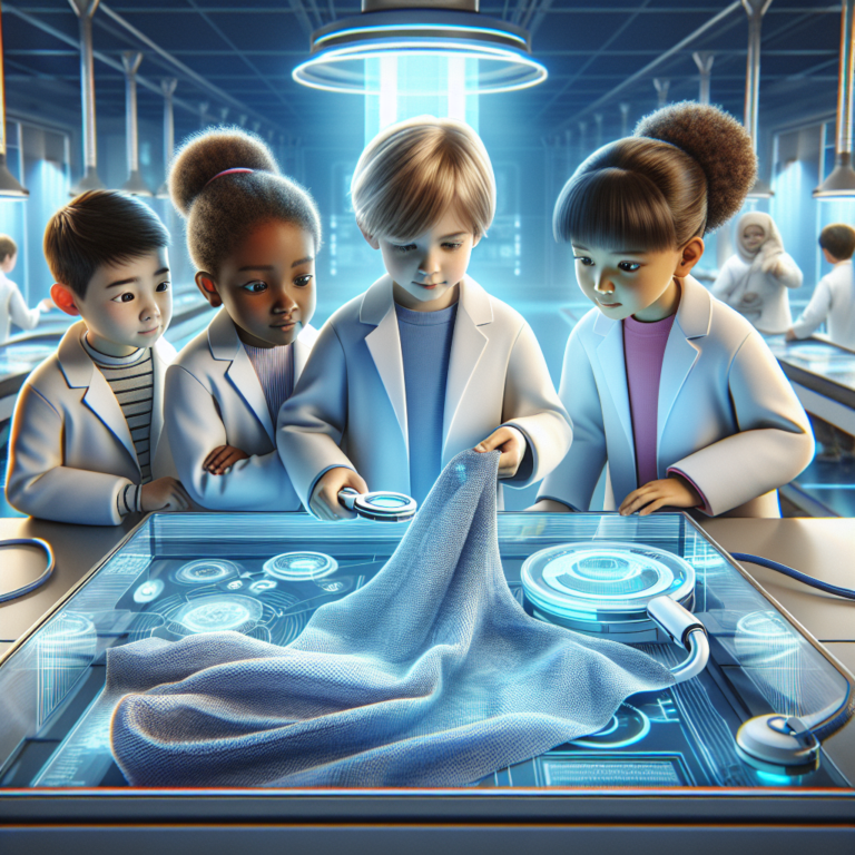 A photography for children of scientists analyzing a piece of clothing with advanced equipment in a futuristic lab.