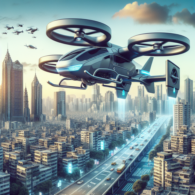 A photography for children of a futuristic flying taxi resembling a giant drone, transitioning from helicopter-like vertical flight to airplane-like horizontal flight over a city.