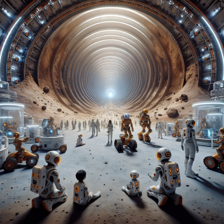 "A photography for children of a futuristic Mars base inside a large tunnel, with astronauts and robots exploring the surroundings."