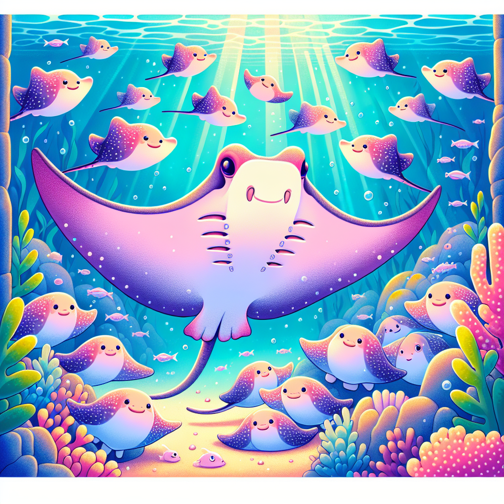 A photography for children of a stingray swimming in an aquarium, looking magical with baby rays around it.