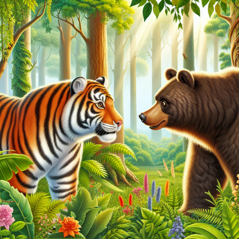 "A photography for children of a tiger and a bear encountering each other in an Indian forest."