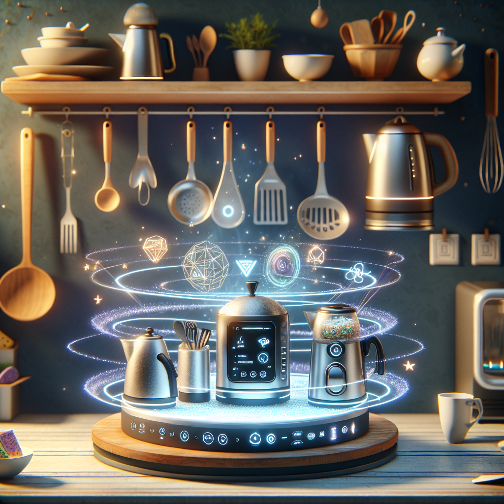 "A photography for children of a futuristic kitchen countertop where appliances like a kettle and a frying pan heat up without any cords, using induction technology."