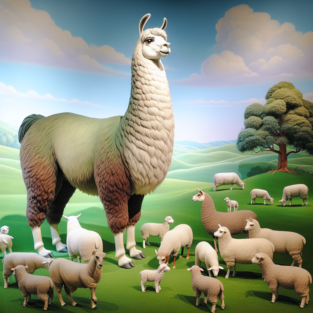 A photography for children of a llama acting as a guardian for a flock of sheep, standing watchfully in a grassy field.