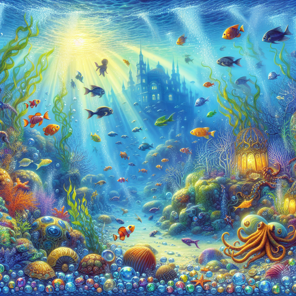 A photography for children of an adventurous underwater quest to find the lost city of Atlantis, filled with colorful sea creatures and treasures.