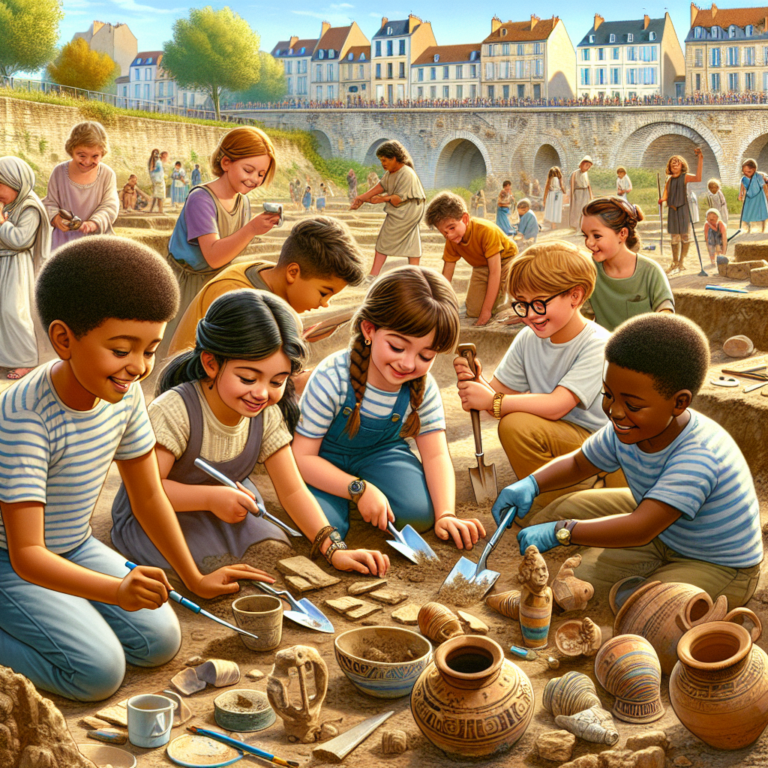 A photography for children of young archaeologists digging with trowels and brushes, discovering ancient pottery and architecture remains at an excavation site in Nanterre, France.