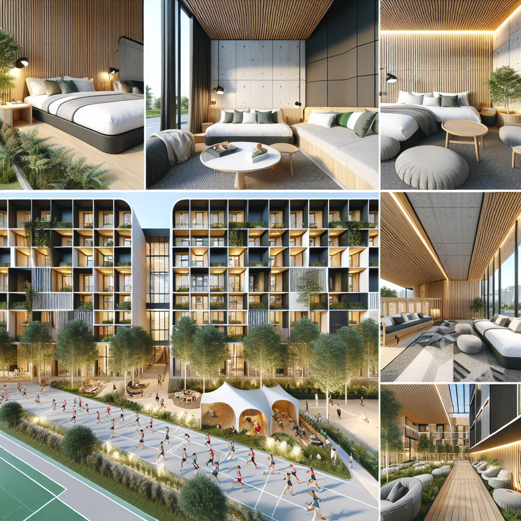 A photography for children of modern and cozy athlete rooms for the Paris 2024 Olympics, featuring comfy beds, spacious storage, relaxing common areas with sofas and video games, and lush green gardens for fresh air walks.