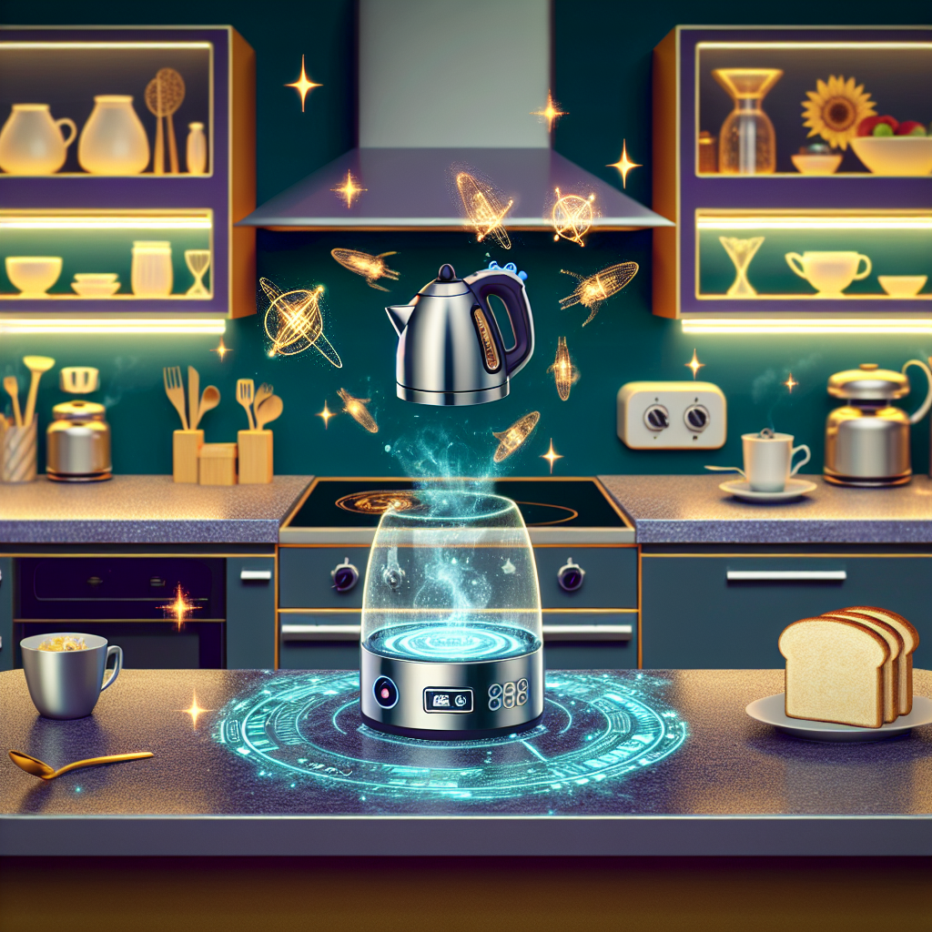 A photography for children of a futuristic kitchen with magical countertops that can heat pots and boil kettles without any cords or plugs, featuring sleek designs and smiling kids cooking safely.