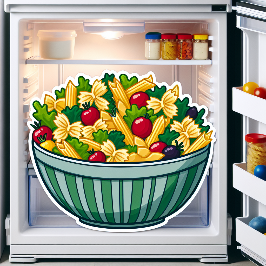 A photography for children of a colorful pasta salad being stored safely in a refrigerator to prevent bacteria growth.