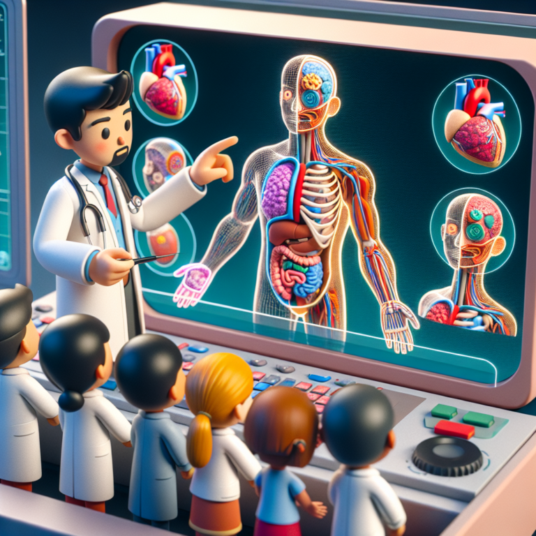 A photography for children of a digital twin in a computer helping doctors understand how the human body works.