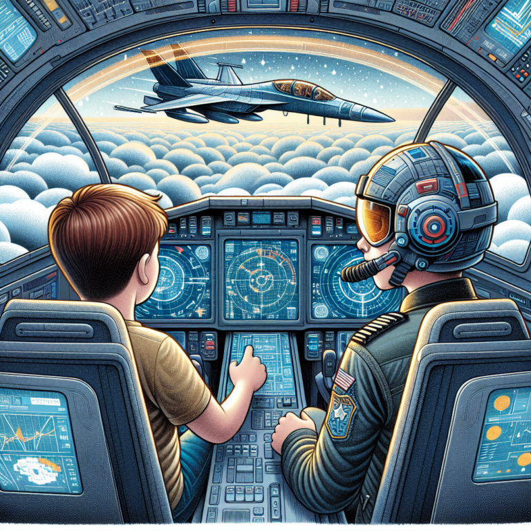 A photograph for children of a pilot wearing a high-tech helmet in a futuristic jet cockpit, showing a 360-degree view display.