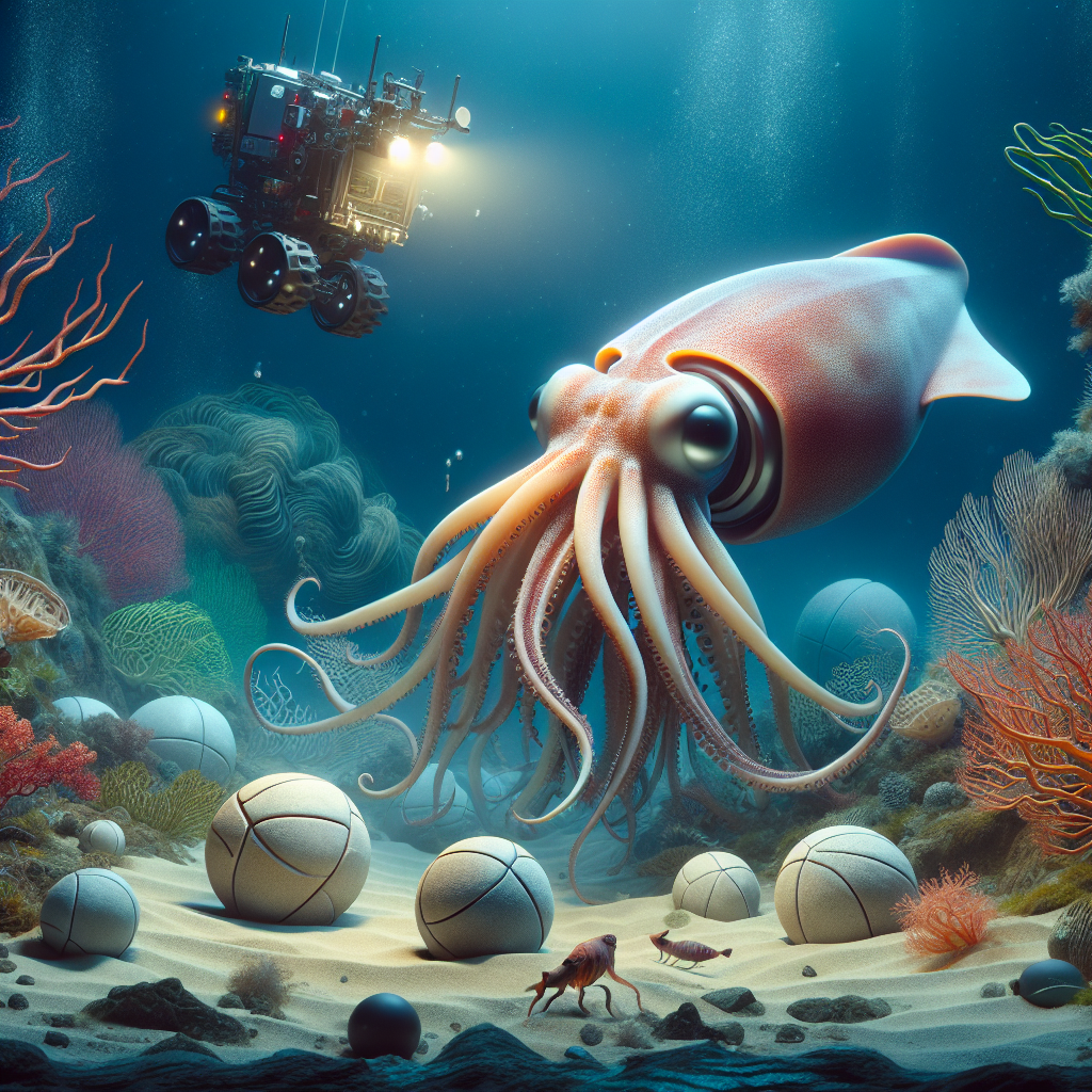 "A photography for children of a newly discovered colossal squid in deep ocean, guarding its football-sized eggs, with vibrant underwater scenery and exploration robots filming."