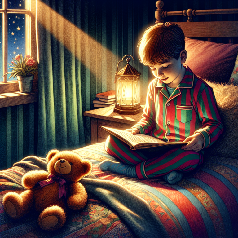 "A photography for children of a child reading a book in bed with a soft nightlight and a teddy bear by their side."