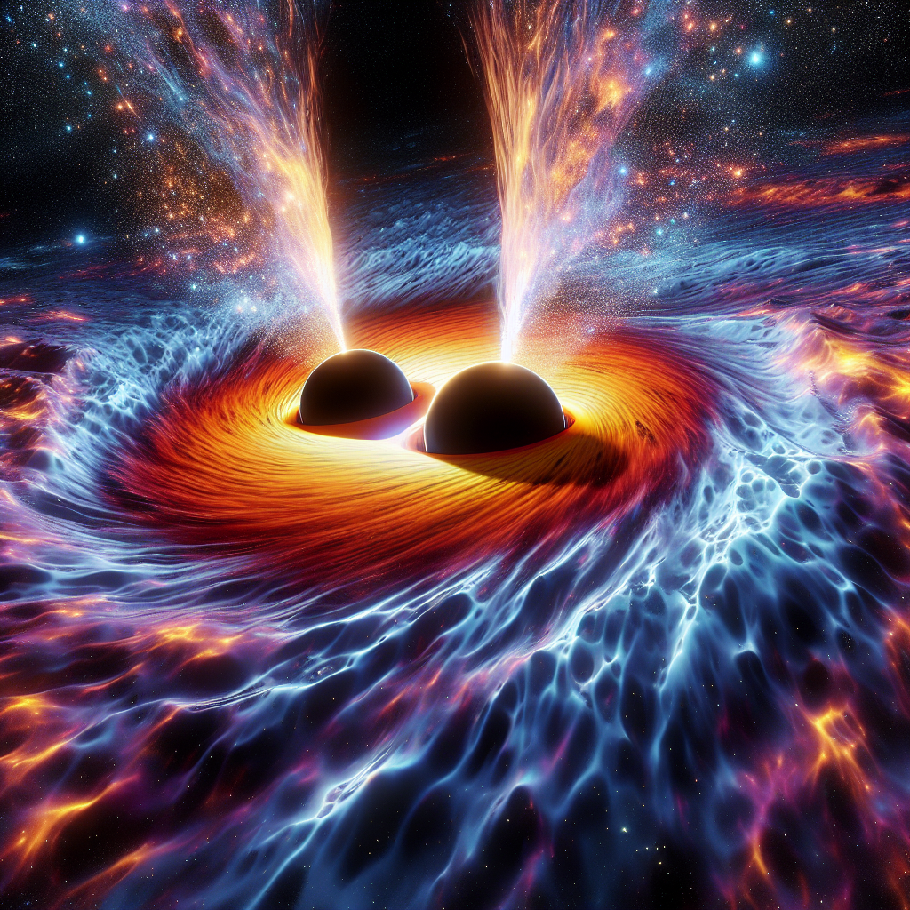 "A photography for children of two black holes merging in space, creating colorful gravitational waves like fireworks."