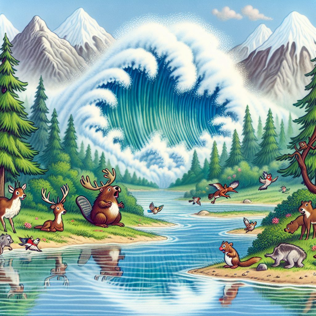 A photography for children of a giant wave in a peaceful mountain lake with trees and animals reacting in surprise.