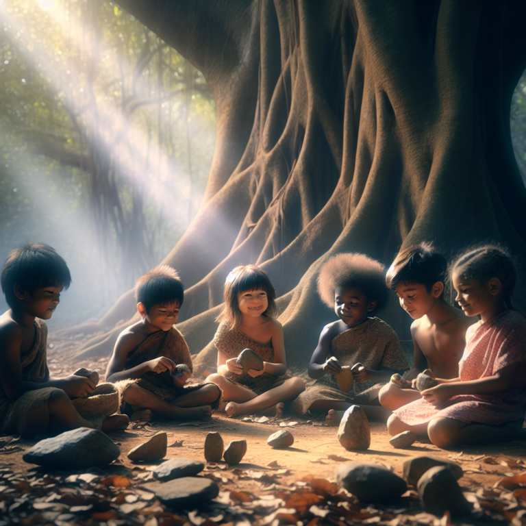 "A photography for children of early humans sharing and improving stone tools under a tree."