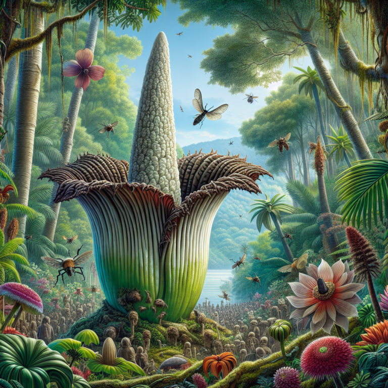 A photography for children of a giant Amorphophallus titanum flower in a tropical forest, surrounded by curious insects and colorful plants.