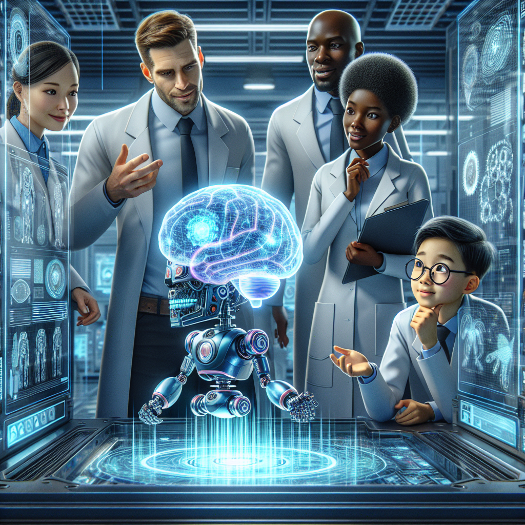 A photography for children of a group of scientists analyzing a glowing, futuristic robot brain.