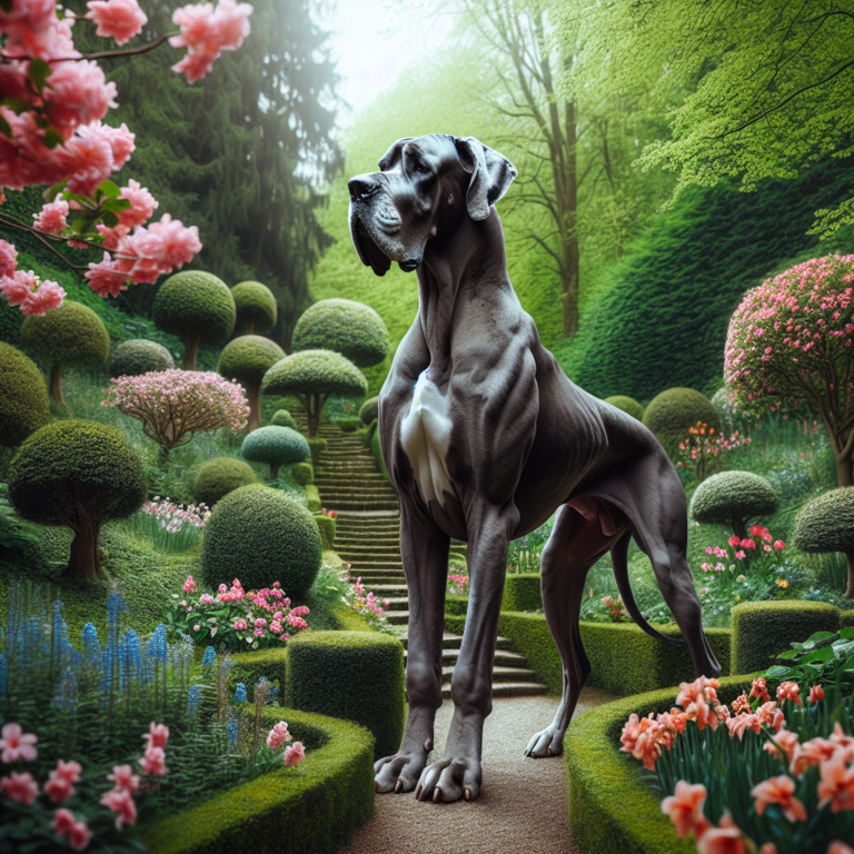 A photography for children of the world's tallest Great Dane named Kevin, standing proudly on his hind legs with a garden background.