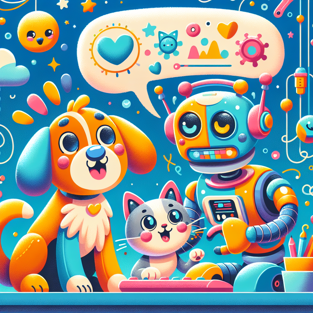 a photography for children of a cute dog and a cat talking to a robot using a computer with colorful visuals.