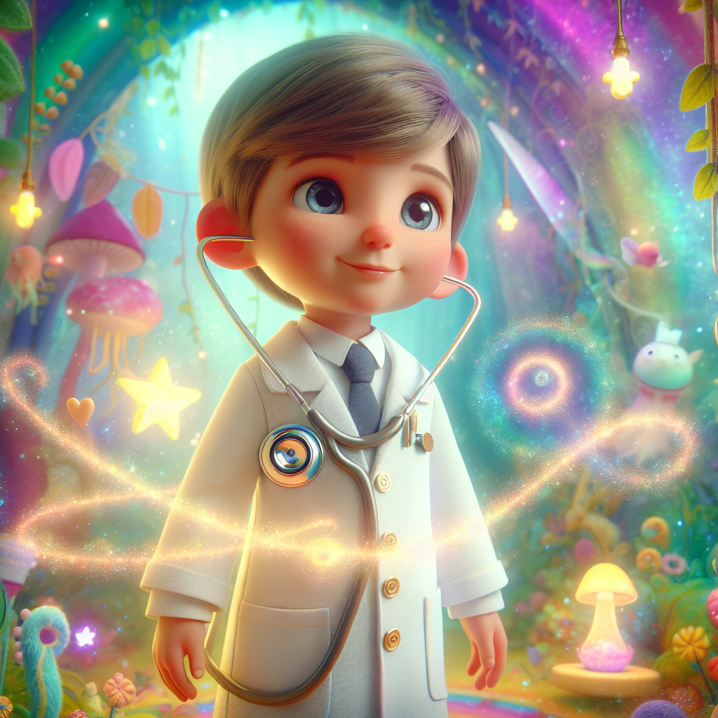 a photography for children of a doctor named Dr. Medic in a whimsical and magical setting with a stethoscope that glows✨🏥