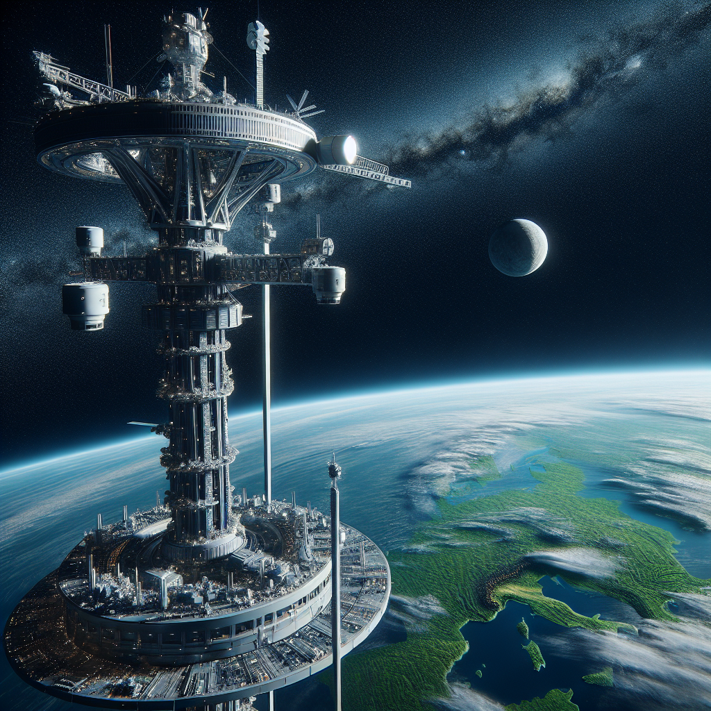 A photography for children of a gigantic space elevator stretching from Earth to space with a satellite at the top and platform at the bottom.