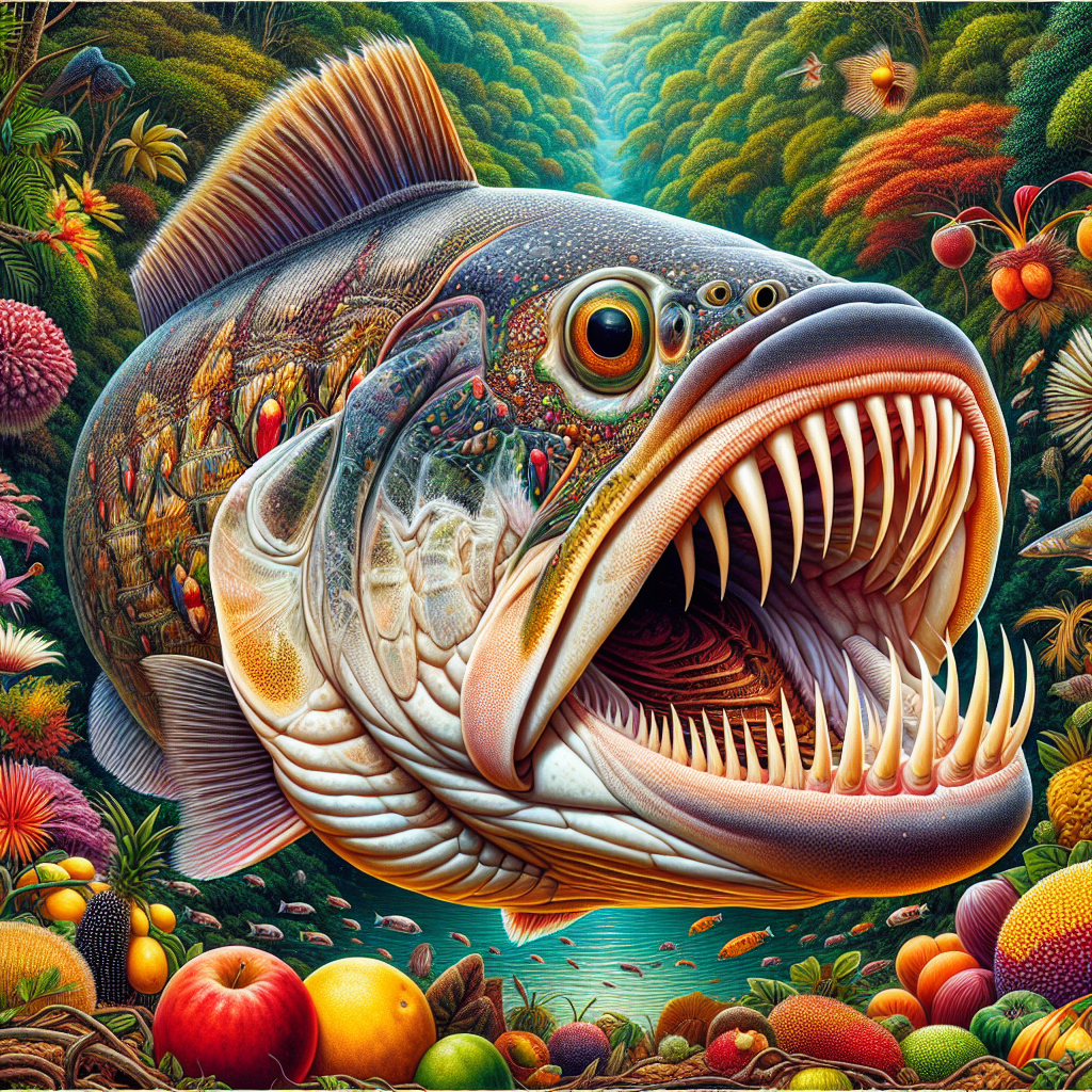 A photography for children of a newly discovered vegetarian pacu fish in the Amazon River with human-like teeth, surrounded by colorful fruits and plants.