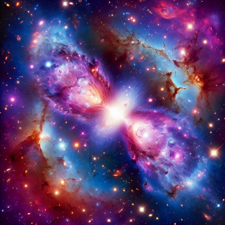 a photography for children of two bright quasars colliding in the early universe, surrounded by colorful galaxies and stars