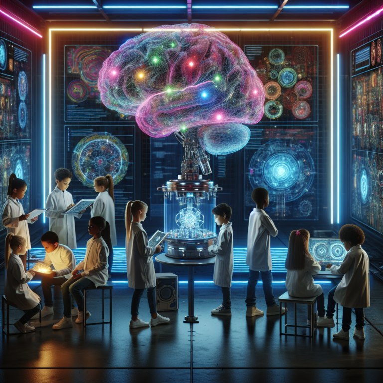 A photography for children of scientists mapping the brain of an artificial intelligence with colorful diagrams and futuristic lab equipment.