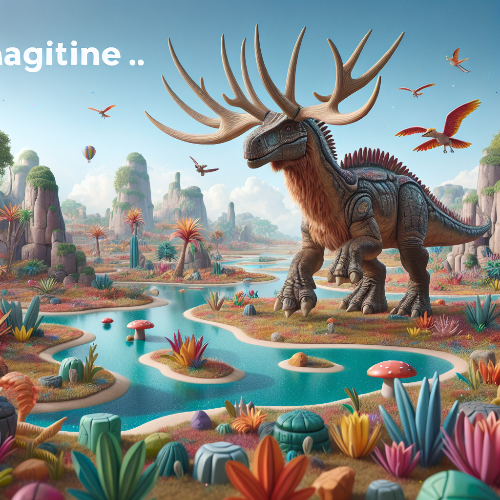 A photography for children of a magical dinosaur with large, deer-like antlers called Lokiceratops, set in a vibrant prehistoric landscape.