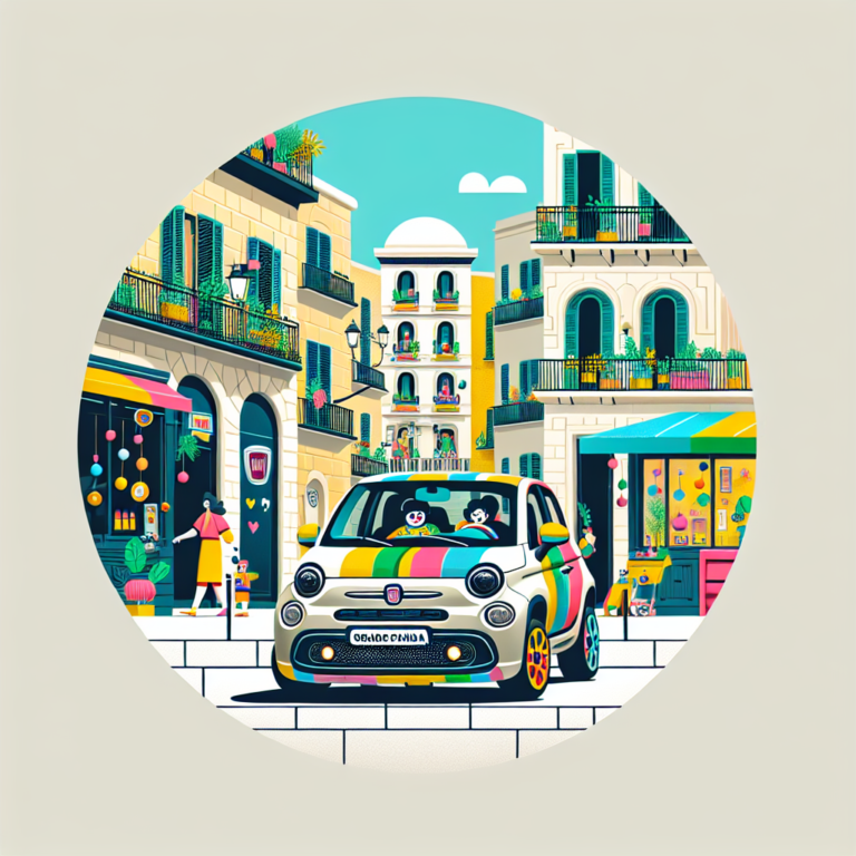 A photography for children of a stylish and fun modern Fiat Grande Panda car driving on a narrow city street with a colorful and eco-friendly design.