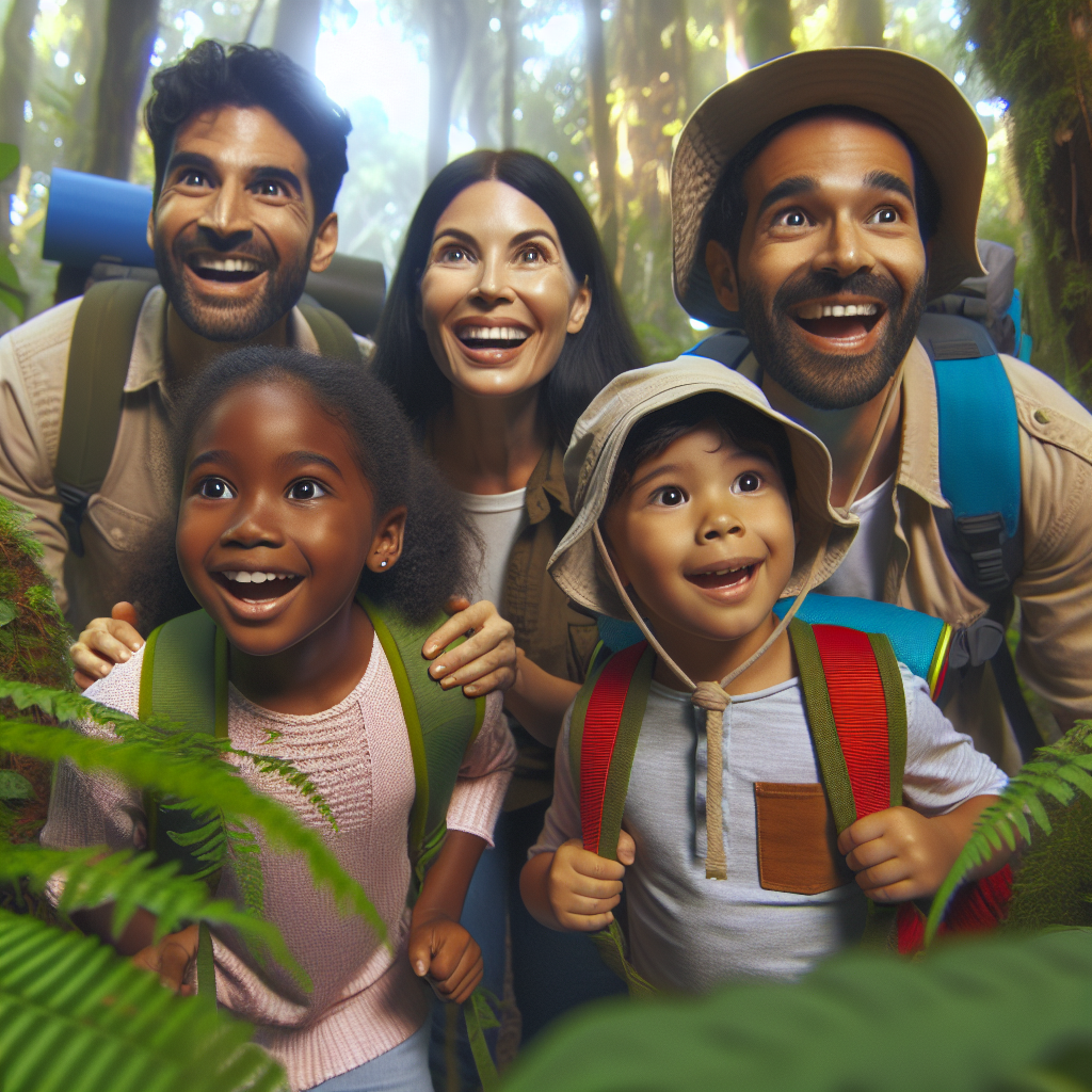 a photography for children of a family exploring a new forest together, looking curious and happy.