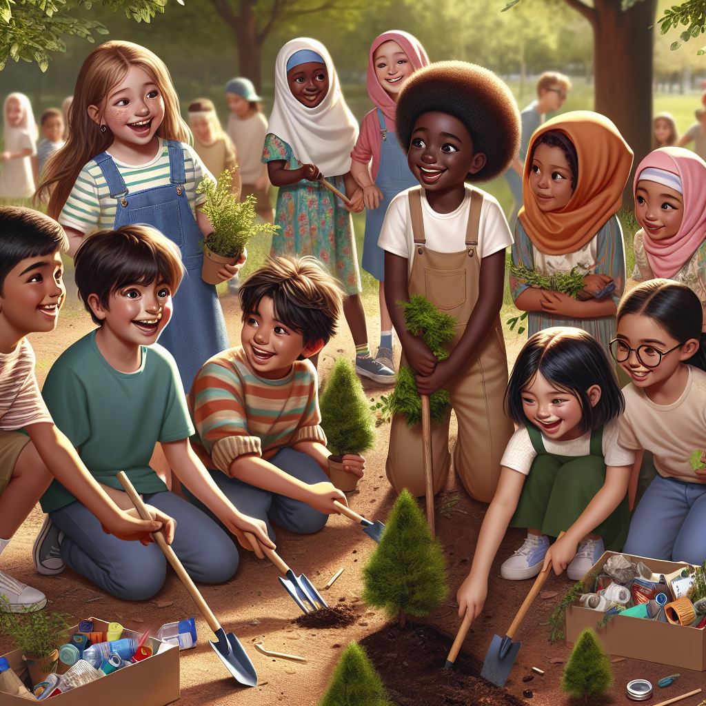 A photography for children of a playful scene where kids are planting trees and sorting recyclable materials in a park.