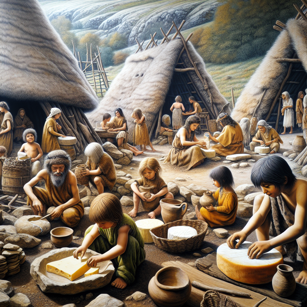 A photography for children of ancient people from the Neolithic era making cheese and using pottery in a prehistoric village.