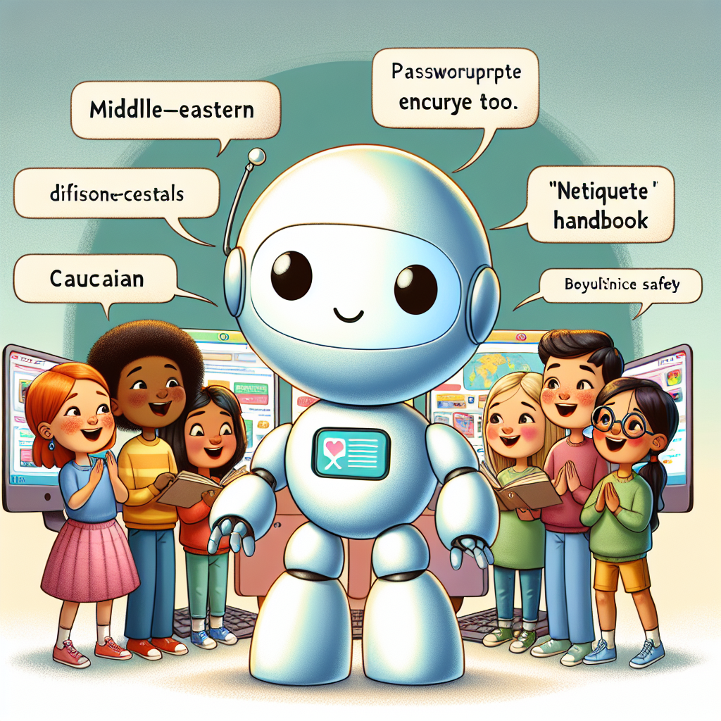 "A photography for children of a friendly robot chatting with kids online, with a mix of fun and cautionary elements."