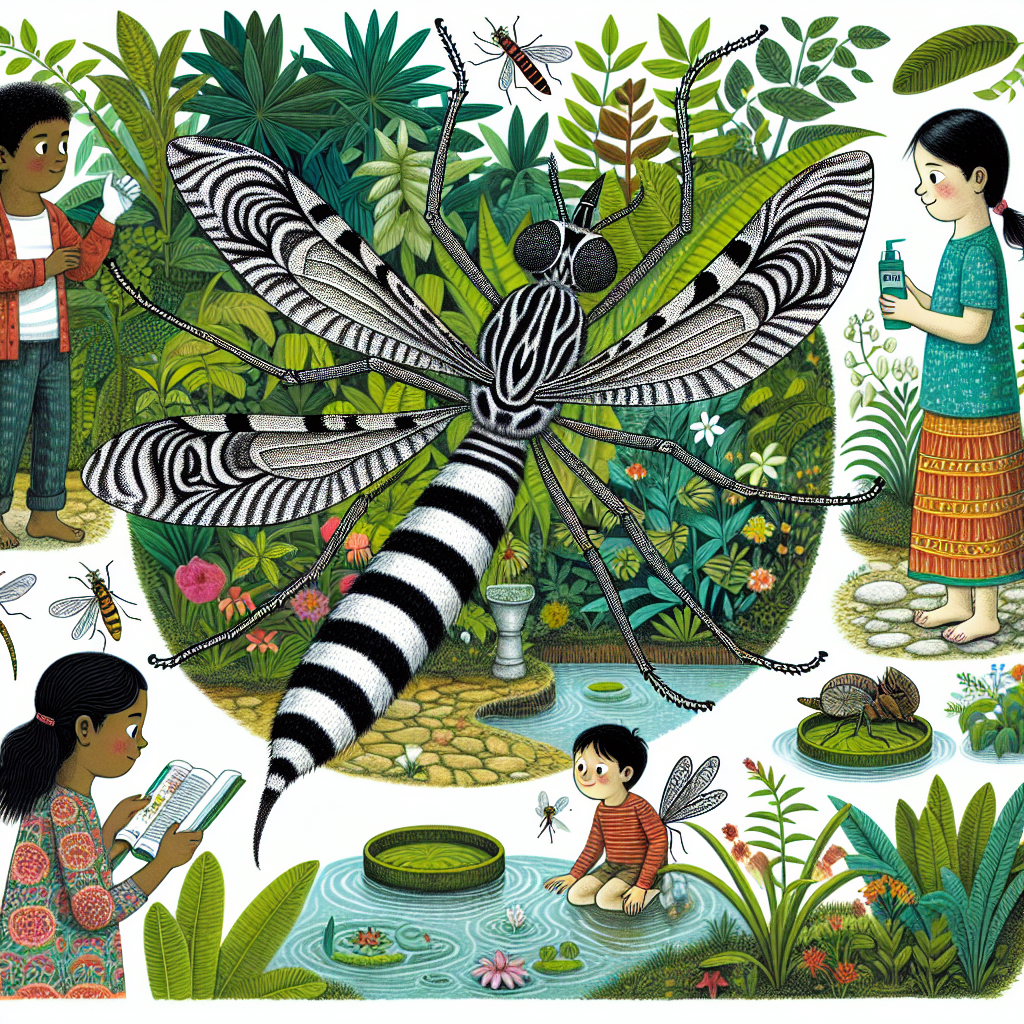 Sure! Here is a prompt you can use for creating an image: **"A photography for children of a black and white striped tiger mosquito flying near a garden with water puddles and children wearing long clothes and applying mosquito repellent."**