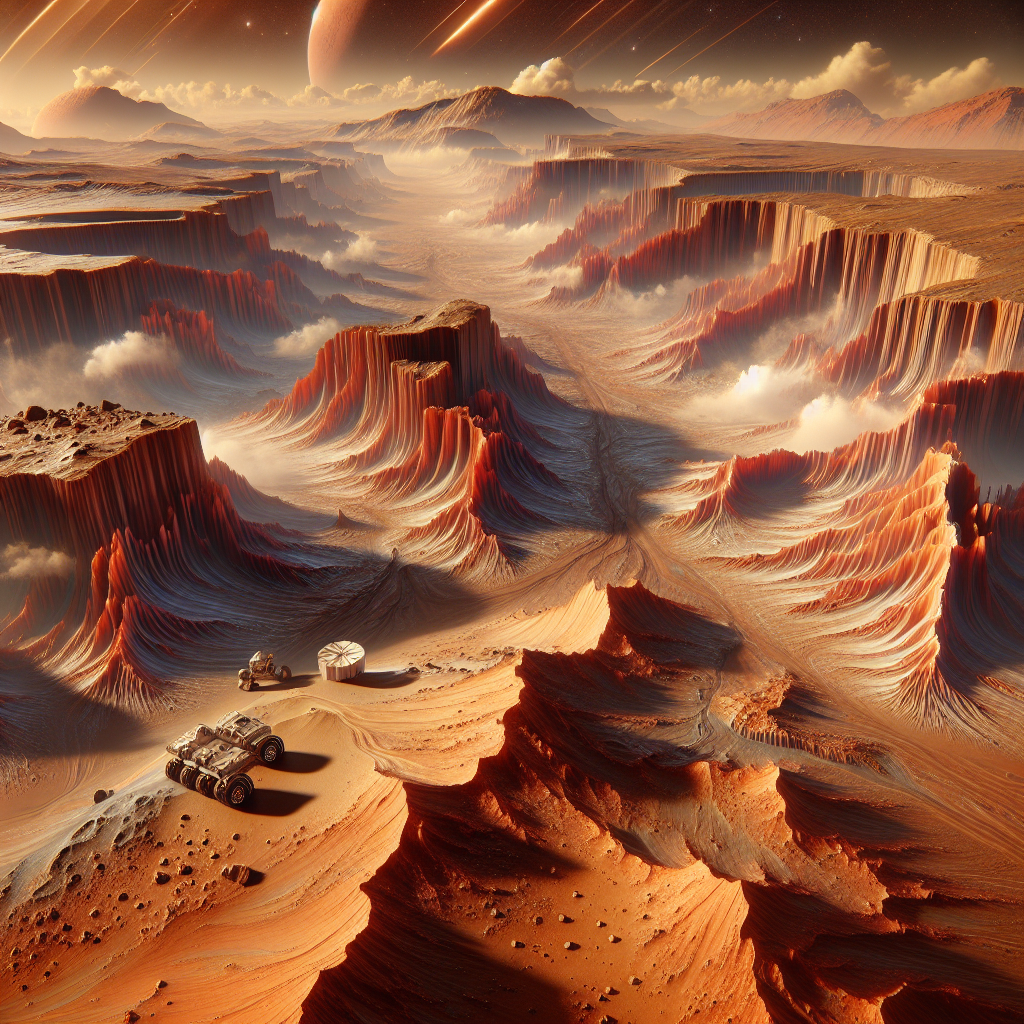 A photography for children of the gigantic, canyon-filled region of Nili Fossae on Mars, showing massive crevasses and a reddish Martian landscape.